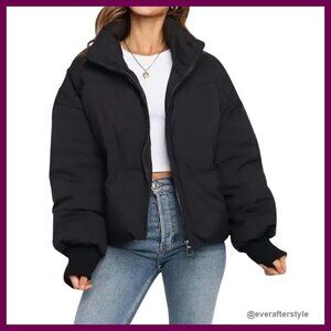 Cropped Puffer Jacket Quilted Warm Winter Chic Outerwear Coats